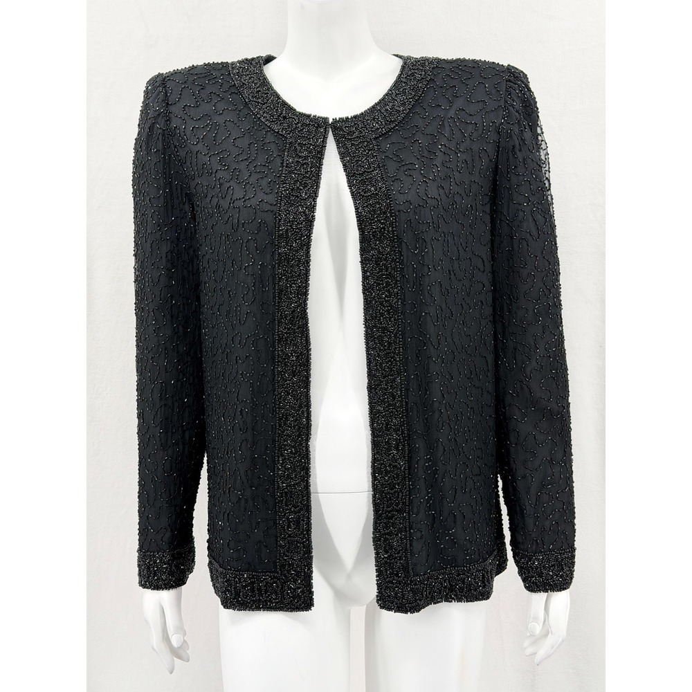 Vintage Laurence Kazar Jacket Womens Large Black Beaded Silk Evening‎ Occasion
